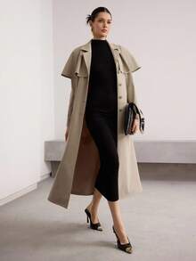 Heiryn Women's Solid Color Ruffle Trim Single-Breasted Long Casual Trench Coat, Autumn