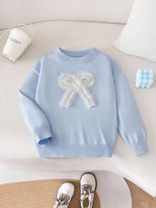 年轻女孩的新款秋冬款式，时尚 3D 手工蝴蝶结，长袖，宽松，百搭，优雅，可爱设计女孩针织套头衫 - 藍色 - 查看 3