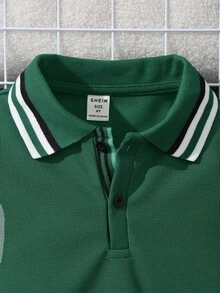 SHEIN 男童休闲宽松舒适纯色针织长袖 Polo 衫 - 墨綠色 - 查看 4