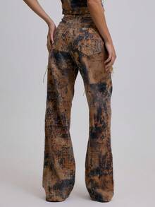 MUSERA 低腰系带阔腿牛仔奶牛纹牛仔裤，仅限夏季节日度假可爱性感牛仔女郎春季伊比沙岛西部乡村音乐会锐舞派对时尚 - 棕色 - 查看 4