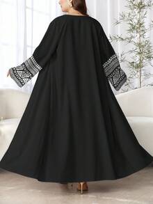 SHEIN Najma 女士优雅几何花卉印花黑色长袖休闲阿拉伯长袍，适合春秋季节 - 彩色 - 查看 2