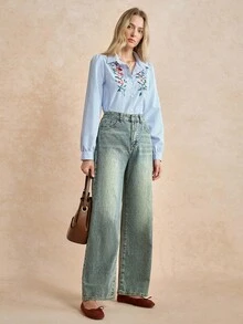 Écloséra 女士寬鬆休閒丹寧寬腿褲，附口袋 - 深色水洗藍 - 查看 6