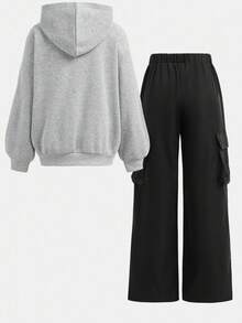 Girlism 少女纯色字母印花连帽运动衫和工装裤两件套，休闲 - 彩色 - 查看 2