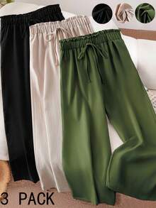 EMERY ROSE 3pcs/Set Plus Size Women's Long Waist Cinching Pants, Suitable For Leisure, Outings, Home, And Commuting - Multicolor - View 1