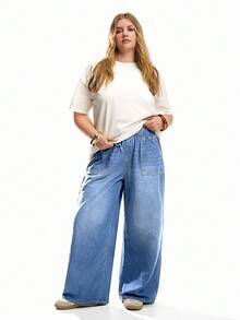 SHEIN ICON Plus Size Relaxed Fit Straight Leg Elastic Waist Jeans, Blue