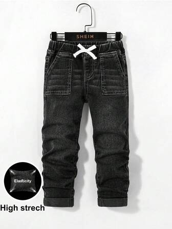 SHEIN Young Boy Casual Fashion Boys Clothes Comfortable Elastic Waistband Blue Stretch Jeans For Dailywear And Back To School Clothes High Stretch Jeans Elastic Waist Jeans For Boys Black Jeans For Kids