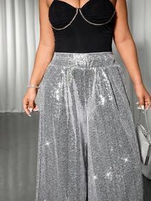 Cravure Plus Size Fashionable Party Sequin Wide Leg Pants - Silver - View 7
