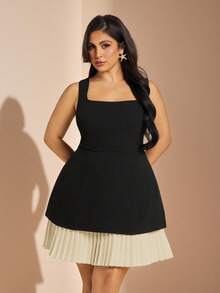 SHEIN BAE Plus Size Women's Black & White Romantic Sweet Date Outfit Dress, Layering Piece With Contrast Floral Lace Details, Suitable For Spring, Summer, Autumn