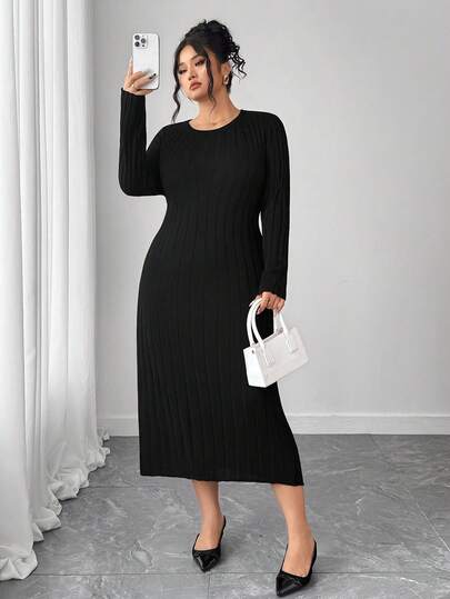 Elenzga Plus Size Women Ribbed Tie-Up Knitted Sweater Dress, Fine Knit Long Dress