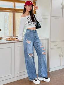 Rivivi 女式口袋破洞阔腿宽松休闲牛仔裤