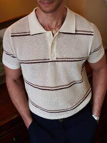 Manfinity Homme Men's Front Button Short Sleeve Striped Casual Knit Top  Men Knit Polo - Multicolor - View 5