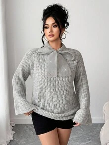 SHEIN Elenzya Soft & Fluffy Gray Sweater + Bow, Gorgeous For Autumn/Winter! - Light Grey - View 3