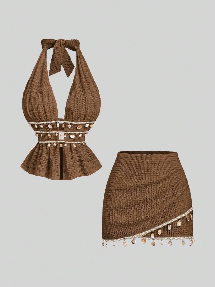 Sweetra Bộ váy bodycon hở lưng cổ chữ V gợi cảm, phong cách nghỉ dưỡng thường ngày, thời trang dành cho nữ - màu nâu - Xem 1