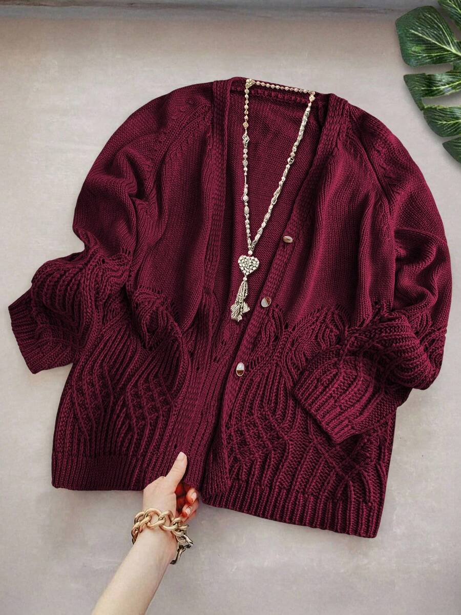 EMERY ROSE 大码优雅休闲V领纯色长袖宽松常规开衫 - 酒紅色 - 查看 1