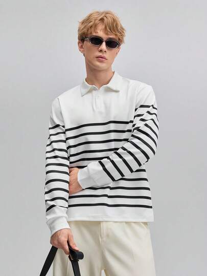  OFFICEAU 男士经典复古黑白条纹 Polo 衫。学院风通勤百搭长袖 Polo 领卫衣，街头风条纹图案衬衫，长袖舒适透气设计，撞色搭配，柔软亲肤，优雅时尚，适合商务休闲场合，秋季、春夏皆宜。