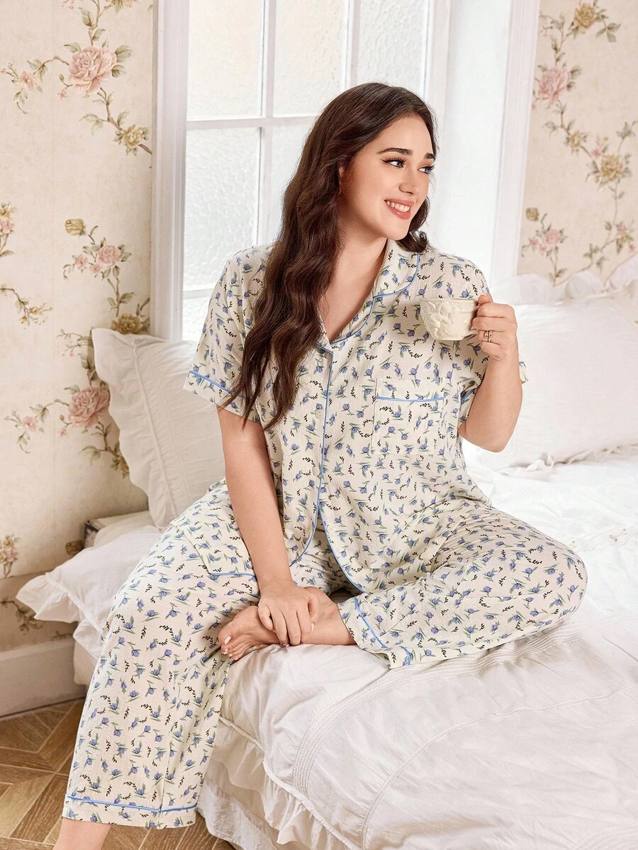 CottageSlumber Plus Size Ditsy Floral Ruffle Collar Open Front Pajama Set - Multicolor - View 1