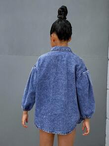 SHEIN Tween Girl Y2K Casual Stonewashed Drop Shoulder Baggy Soft Denim Shirt,Tween Girl Back To School Clothes Outfits - Dark Wash - View 2