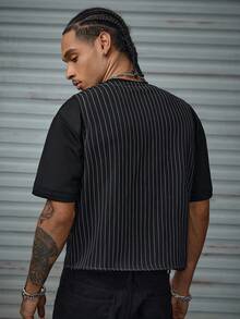 AXEPEAK 男士休闲通勤条纹双口袋背心，适合秋冬 - 黑色 - 查看 2