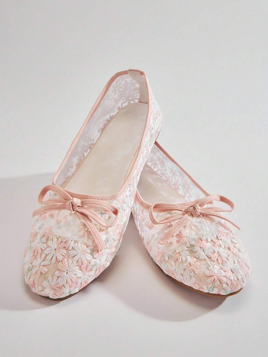Solezae Ladies Flora Embroidery Ballet Flat Shoes With A Bow Decor - 粉色 - 查看 1