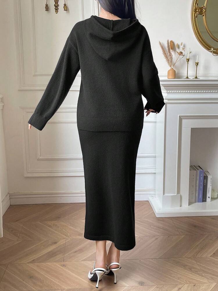 Women's Solid Color Loose Long Sleeve Hooded Pullover Sweater & Straight Long Skirt Casual Elegant Two Pieces Set, Thick For Autumn/Winter