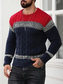 Manfinity Homme 男士撞色麻花图案圆领长袖休闲毛衣，秋冬 - 彩色 - 查看 3