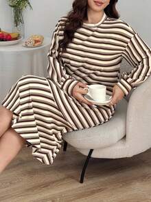 Dazy Plus Plus Size Women Striped Loose Straight Patchwork Ruffle Hem Nightgown, Cozy Outfit, Fall & Winter, Moo Moo Night Dress - Brown - View 8