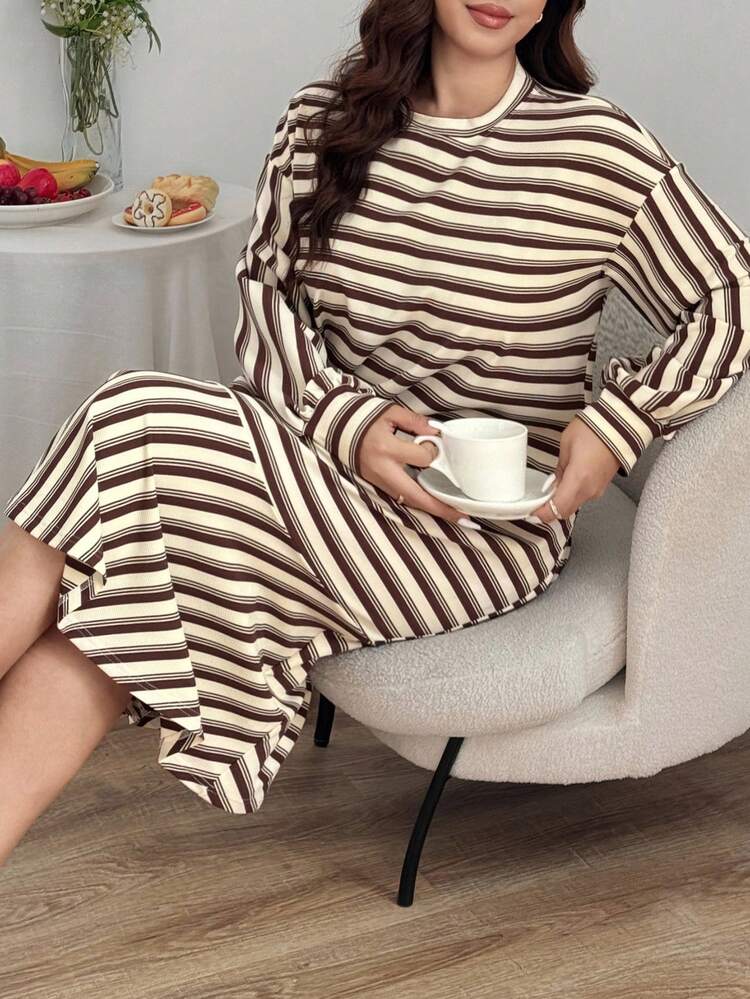 Dazy Plus Plus Size Women Striped Loose Straight Patchwork Ruffle Hem Nightgown, Cozy Outfit, Fall & Winter, Moo Moo Night Dress