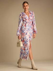 Enchnt 秋冬浪漫女士紫色花卉提花 V 领灯笼袖收腰长裙，时尚优雅，适合度假、约会、节日、毕业典礼、婚礼宾客、办公室、外出、万圣节和圣诞节，女士秋季连衣裙，女士秋季服装，女士秋季服装，返校 - 藍色 - 查看 6