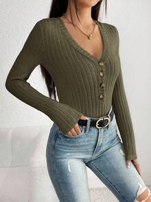 SHEIN PETITE 休閒純色長袖連身衣，秋季，小碼女款 - 墨綠色 - 查看 3