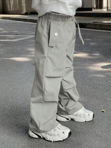 SHEIN Little Byeori 儿童/年轻男童休闲韩版字母松紧腰宽松纯色梭织裤，适合上学、花园、海滩、生日、春季、夏季、秋季、冬季 - 薄荷綠 - 查看 1