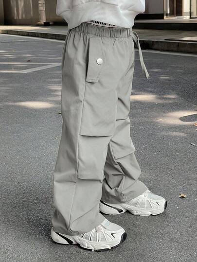 SHEIN 儿童/年轻男童休闲韩版字母松紧腰宽松纯色梭织裤，适合上学、花园、海滩、生日、春季、夏季、秋季、冬季