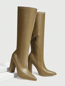 Daringsoles 尖头粗高跟秋冬靴，弹力紧身黑色侧拉链性感女式过膝皮靴 - 駝色 - 查看 5