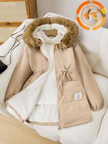 Tween 女童休闲连帽毛领加厚羊毛外套，腰部抽绳，2 个口袋带刺绣标志，适合秋冬外出，可搭配长袖、毛衣、裤子 - 卡其色 - 查看 1
