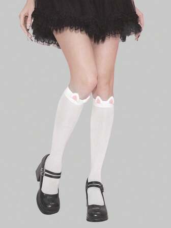 Kawaii 1 par de calcetines hasta la pantorrilla con orejas de gato esponjosas de color rosa, calentadores de piernas de estilo dulce y minimalista, versátiles para uso diario, calcetines de uniforme escolar JK para mujeres