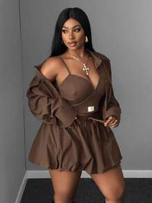 Maweii 2 件大码女士休闲装 - 领夹克和高腰百褶裙套装，适合工作和日常穿着，秋冬季 - 棕色 - 查看 4