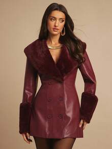 Silquee Women's Wine Red Waist Elegant Fashion Long Sleeve PU Leather Jacket With Fur Collar And Spliced ​​Fur Sleeves, Autumn And Winter Women's Fall Winery Wear Women's Faux Leather Dress Women's Suit Jacket Women's Leather Dress Coat - Burgundy - View 7