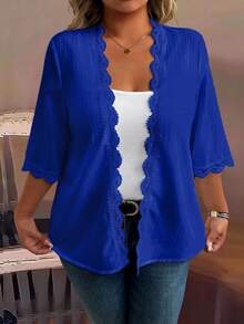 EMERY ROSE Damen Große Größen einfarbige Strickjacke mit Blumenspitzenbesatz, lässiges Kurzarm Top - Königsblau - Übersicht 3