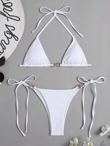 SHEIN Swim Summer Beach Ring Linked Micro Triangle Thong Bikini Set - White - View 5