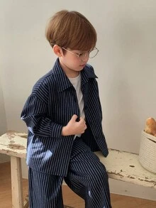 DAZY Young Boy Casual Striped Shirt And Pants Set - Navy Blue - View 5