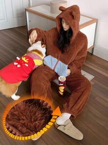 DAZY 加厚抓绒连帽耳罩设计女式连体衣，蓬松柔软，适合冬季和秋季穿着。 - 鏽棕色 - 查看 3