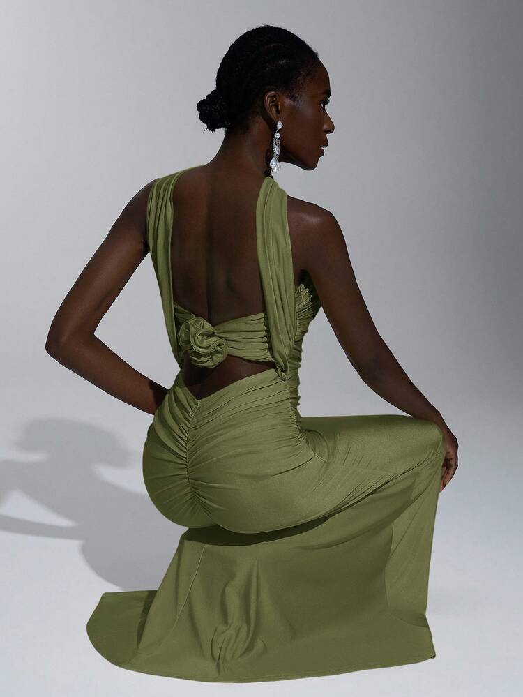 Elitara Elegant, Romantic, Sexy, Minimalist Design Bodycon Dress With Elastic Knit, Spaghetti Straps, Open Back, Fitted Waist. Fashion, Influencer Style, Suitable For Holidays, Parties, Weddings, Bridesmaids Green - Army Green - View 3