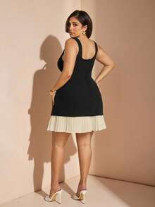 SHEIN BAE Plus Size Women's Black & White Romantic Sweet Date Outfit Dress, Layering Piece With Contrast Floral Lace Details, Suitable For Spring, Summer, Autumn