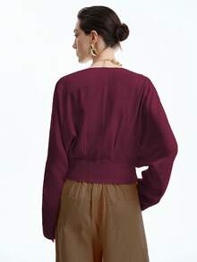 Aalyst Women's Linen Elegant Office/Commute/Vacation Casual V-Neck Dropped Shoulder Long Sleeve Shirt With Adjustable Waist Belt - Maroon - View 2