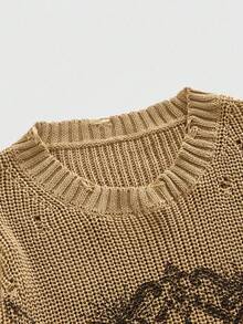 ROMWE MEN Grunge Punk Men's Distressed Punk Apocalyptic Print Knit Sweater, For Fall Winter - Camel - View 3