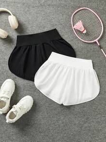 SHEIN Tween Girl 2 Pieces Solid Black & White, Minimalist Loose Comfortable Versatile Athleisure Sporty High Waist Design Snug Fit Tall Fit All-Match Moisture Wicking Sweat Absorbing Shorts For Spring/Summer - Multicolor - View 3