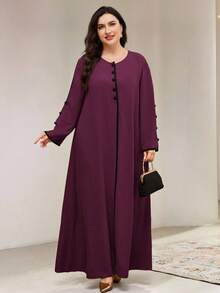 Veilorie 秋季大码女式优雅宽松长袍连衣裙，撞色饰边 - 酒紅色 - 查看 2