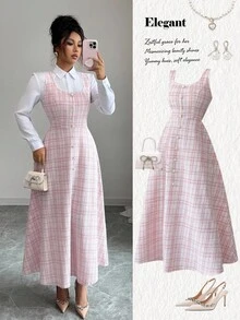 Elenzga 女士优雅 U 领无袖中长连衣裙，收腰设计，花卉提花面料，珍珠纽扣装饰，适合春秋季节 - 淺粉色 - 查看 5