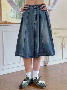 Rivivi 女式高腰褶皱休闲/办公室牛仔中长裙 - 藍色 - 查看 3