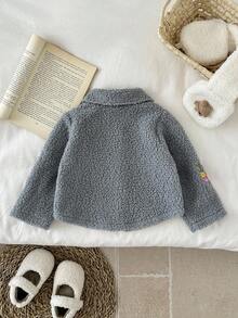 SHEIN 女婴厚羊毛刺绣花领长袖夹克，秋冬 - 灰色 - 查看 2