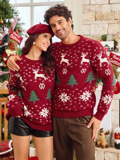 Manfinity NXTstreet 男士圣诞元素毛绒图案圆领长袖宽松针织毛衣，情侣圣诞套头毛衣，秋冬新年魅力
